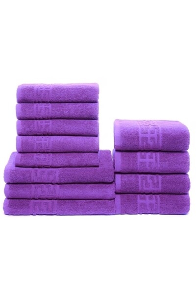 OEM Set 12 Bath Towels, Cotton, Solid, Greek Border, 500g/m², Purple