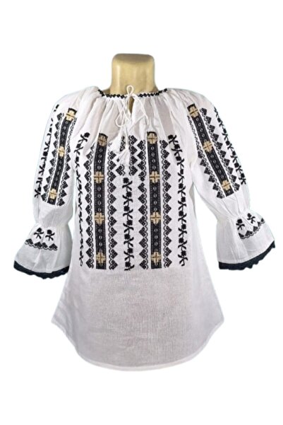 OEM Ie Dama, Bumbac, Broderie Negru-Bej, Model Traditional, Maneca 3/4, Marime S