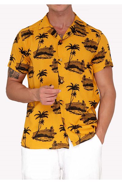 Exve Exclusive Cămașă casual oversize din viscoză hawaiană cu mânecă scurtă, cu căptușeală neagră, pe muștar