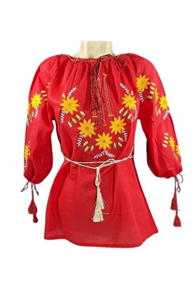 OEM Ie Dama, Broderie Multicolor, Bumbac, Model Traditional, Maneca 3/4, Rosu, Marime XL