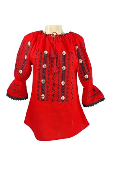 OEM Bluză de damă, broderie alb-negru, bumbac, model tradițional, mânecă 3/4, mărimea M