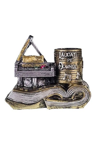 OEM Resin Decoration with Piano, Pen Holder, and Religious Quote, 15x13 cm, Gold-Silver