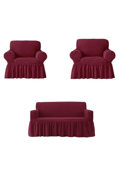 OEM Set 3 Huse, 2 fotolii si canapea 3 locuri, Creponat cu Volanase, Poliester cu Licra, Bordo