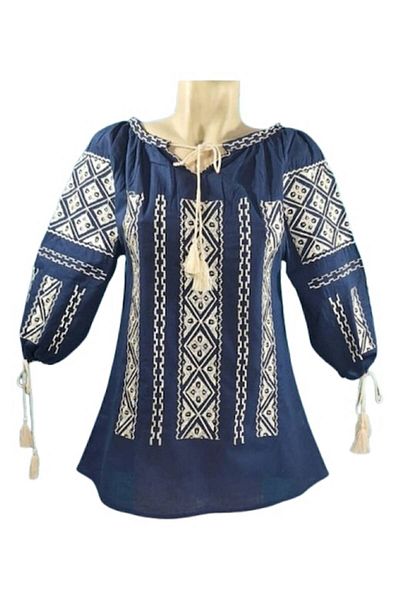 OEM Ie Dama, Bumbac, Maneca 3/4, Model Traditional, Broderie Bej, Bleumarin, Marime S