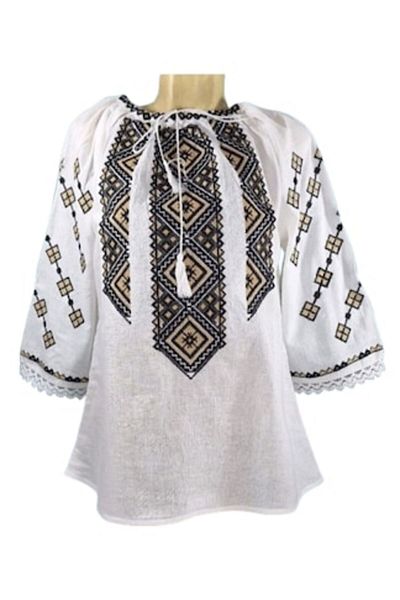 OEM Women's Blouse, Cotton, 3/4 Sleeve, Traditional Embroidery Beige-Black, Size XL
