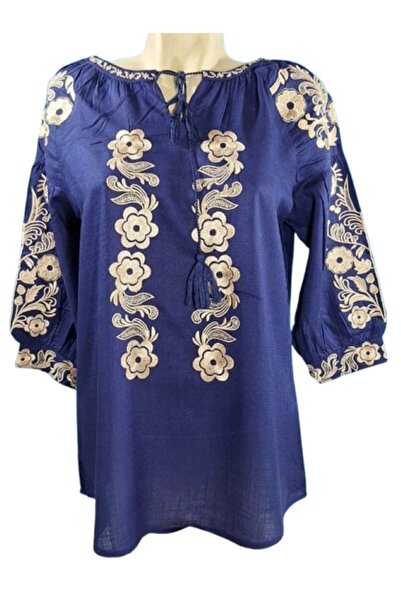 OEM Ie Dama, Maneca 3/4, Bumbac, Model Traditional, Broderie Bej, Bleumarin, Marime M