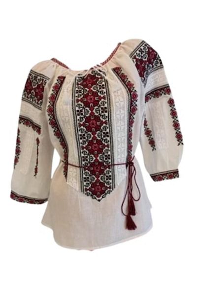 OEM Traditional Romanian Blouse for Women, White-Red, with Belt, Size 2XL