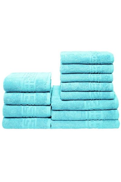 OEM Set 12 prosoape de baie, bumbac, uni, bordură grecească, 500g/m², albastru cer