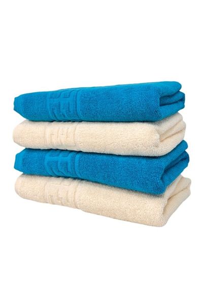 OEM Set 4 Hand Towels, Cotton, Bicolor, Greek Border, 500g/m², 30x50cm, Turquoise-Ivory