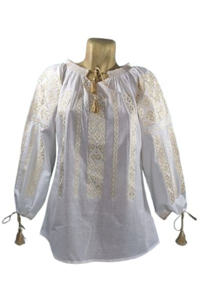 OEM Women's Ie Blouse, Cotton, Traditional Model, Long Sleeve, Beige and White Embroidery, Size L