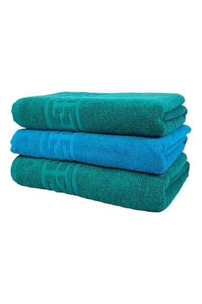 OEM Set 3 Bath Towels, Cotton, Bicolor, Greek Border, 500g/m², 70x140cm, Dark Green-Turquoise