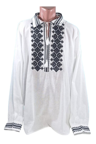 OEM Ανδρική Παραδοσιακή Ρουμανική Μπλούζα, Μακρυμάνικη, Μαύρο Κέντημα, Βαμβάκ...