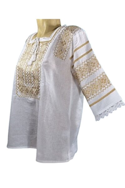 OEM Ie Dama, Broderie Auriu, Bumbac, Model Traditional, Maneca 3/4, Marime L