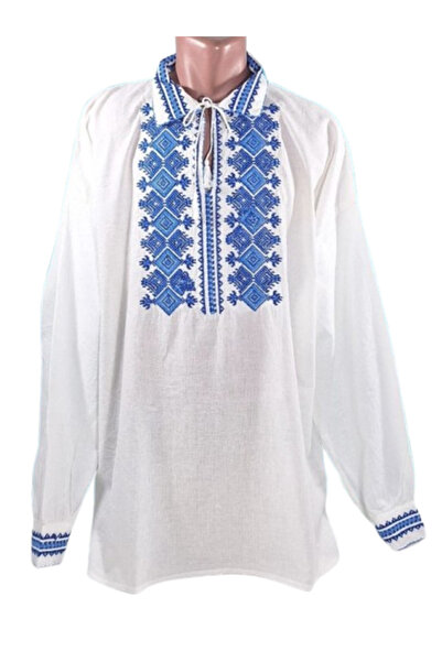 OEM Ie Traditionala Barbati, Maneca Lunga, Broderie Bleumarin-Albastru, Bumbac, Marime 5XL