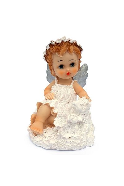 OEM Set 2 îngeri decorativi, rășină, cu miel și flori, 14 cm