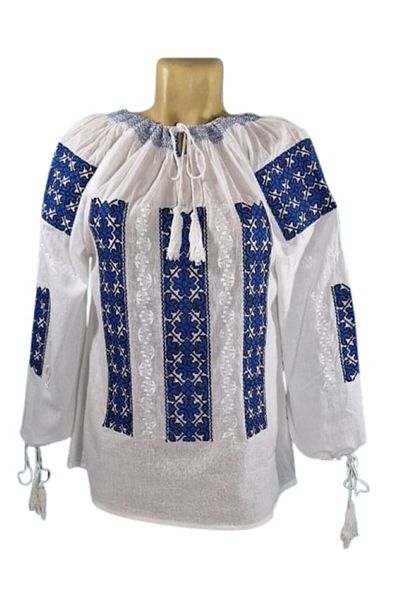 OEM Bluză de damă, bumbac, broderie, albastru-bleumarin, mânecă lungă, model tradițional, mărimea 3XL