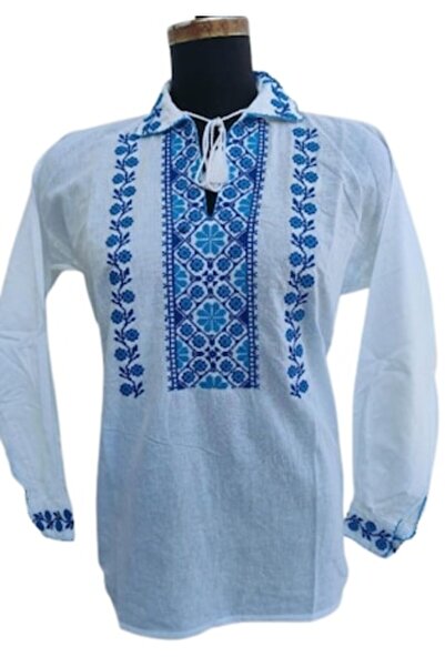 OEM Παραδοσιακό Ανδρικό Πουκάμισο, Βαμβάκι, Μπλε Κέντημα, Μέγεθος 2XL