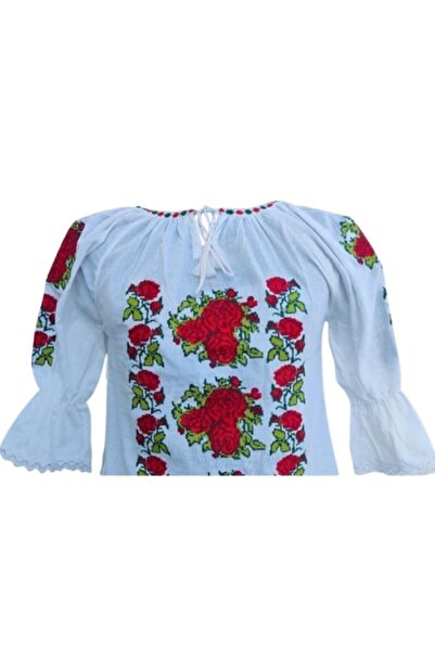 OEM Ie pentru dama, traditionala, bumbac, imprimeu trandafiri, Alb-rosu, marime L