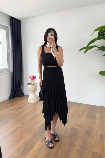 BİRCANÇİL Soti Black Drape Detailed Asymmetrical Cut Skirt
