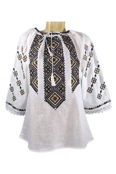 OEM Women's Blouse, Cotton, 3/4 Sleeve, Traditional Embroidery Beige-Black, Size XL