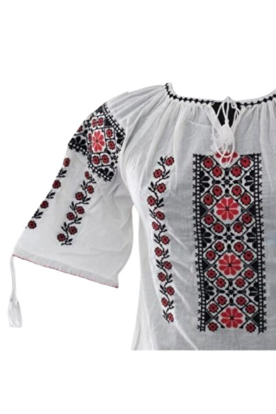 OEM Bluza tip ie dama, Maneca Scurta, Bumbac, Model Traditional, Broderie Negru-Rosu, Marime 2XL