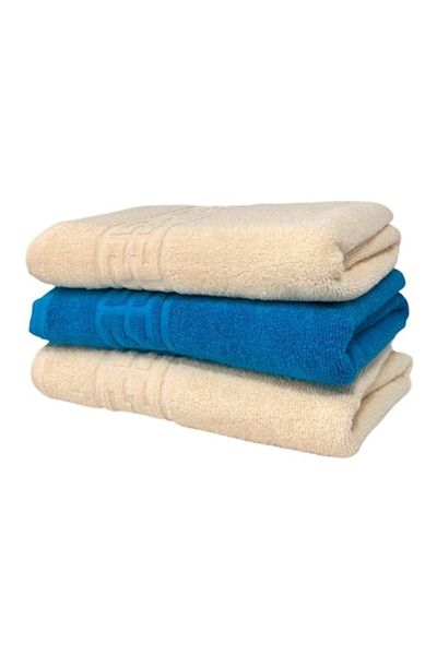 OEM Set 3 prosoape de baie, Bumbac, Bicolor, Bordură Greacă, 500g/m², 70x140cm, Ivory-Albastru