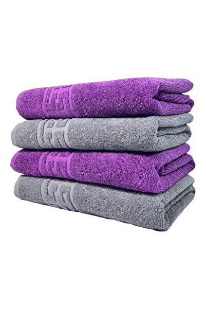 OEM Set 4 Face Towels, Cotton, Bi-color, Greek Border, 500g/m², 50x90cm, Purple-Gray