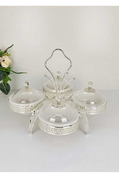 Radin Candy and Dates Serving Bowl Set with Metal Rack 4 Bowls Lid Handle Ideal for Desserts Snacks Nuts