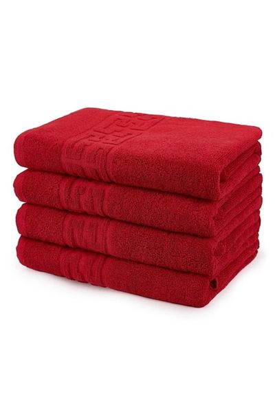 OEM Set of 4 bath towels, Cotton, Plain, Greek Border, 500g/m², 70x140cm, Red