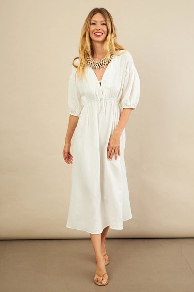 Cool & Sexy Γυναικείο Λευκό Ελαστικό Μίντι Μουσελίνα Φόρεμα FRO1001