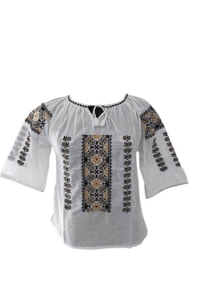 OEM Women's Traditional Blouse, Short Sleeve, Embroidered, Black/Yellow/Beige, Size M