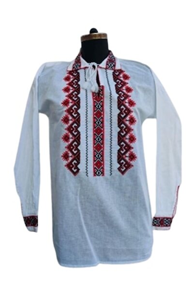 OEM Παραδοσιακό Ανδρικό Βαμβάκι Πουκάμισο με Κόκκινο Κέντημα, Μέγεθος M