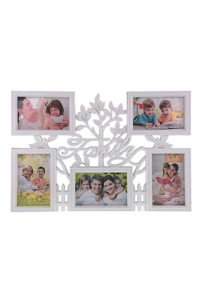 OEM Photo frame made of plastic with tree and text 'Family', with spaces for 5 photos, 48x32 cm, white