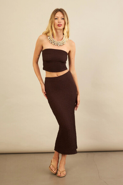 Cool & Sexy Женски кафяв комплект с безръкавни горнище и долнище с балонни ръкави FLU340