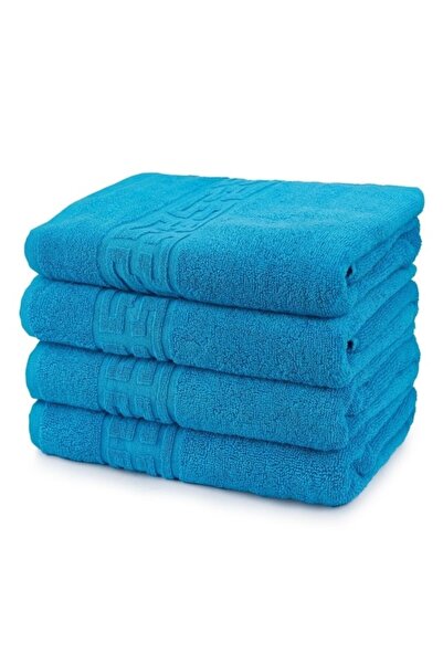OEM Set of 4 Face Towels, Cotton, Greek Border, 500g/m², 50x90cm, Turquoise