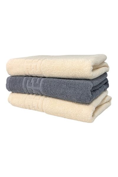 OEM Set 3 prosoape de baie, Bumbac, Bicolor, Bordura Greceasca, 500g/m², 70x140cm, Ivoire-Gri