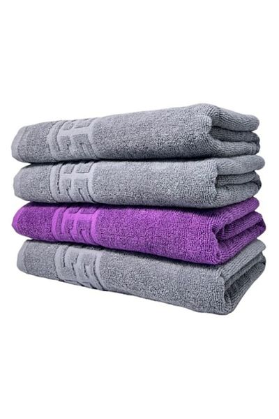 OEM Set of 4 bath towels, Cotton, Bicolor, Greek Border, 500g/m², 70x140cm, Grey-Purple