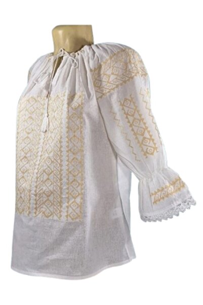 OEM Women's blouse, Cotton, 3/4 Sleeve, Traditional Embroidery Beige, Size 2XL