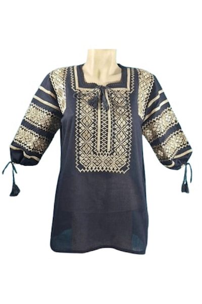 OEM Women's Blouse, Cotton, 3/4 Sleeve, Traditional Model, Beige & Black Embroidery, Size M