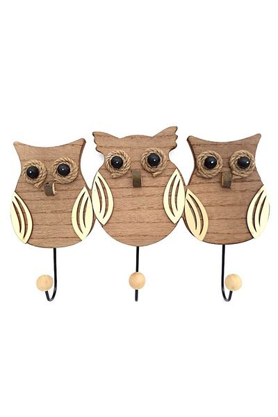 OEM Cuier format din trei bufnite din lemn cu trei agatatori, 33 x 22 cm