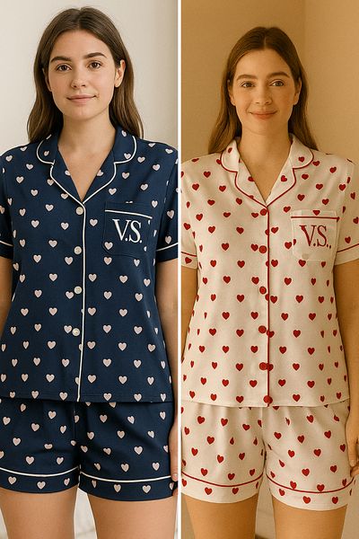 FENZO Women's Heart Cotton Viscose Shorts Pajamas Set Short Sleeve Top Short Shorts Casual Homewear