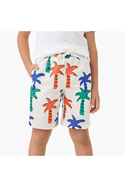 Juniors Palm Tree Print Swim Shorts with Pockets and Drawstring Closure