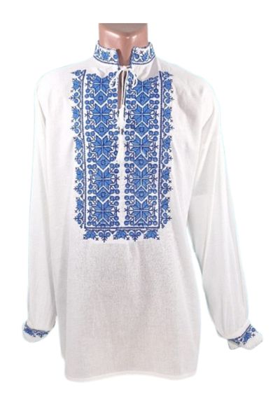 OEM Cămașă tradițională românească bărbătească, model tunică, broderie albastră, mânecă lungă, bumbac, mărimea XL
