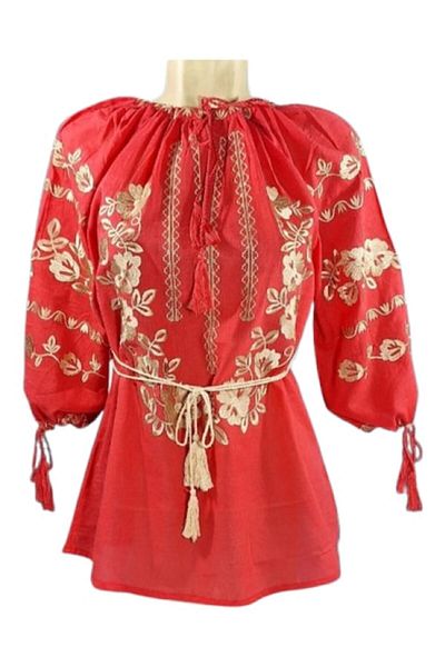 OEM Ie Dama, Broderie Bej, Bumbac, Model Traditional, Maneca 3/4, Rosu, Marime 2XL