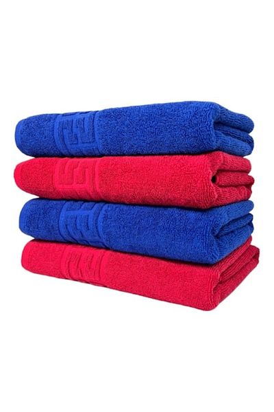 OEM Set 4 prosoape de baie, Bumbac, Bicolor, Bordura Greceasca, 500g/m², 70x140cm, Bleumarin-Rosu