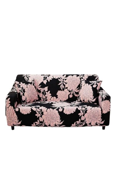 OEM Husa elastica pentru canapea, Comfort, Elastan, Imprimeu Floral, M-2 locuri, Negru-Roz