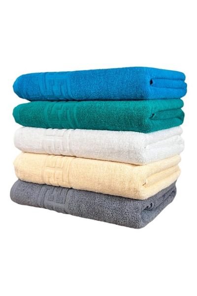 OEM Set of 5 bath towels, Cotton, Plain, Greek Border, 500g/m², 70x140cm, Multicolor