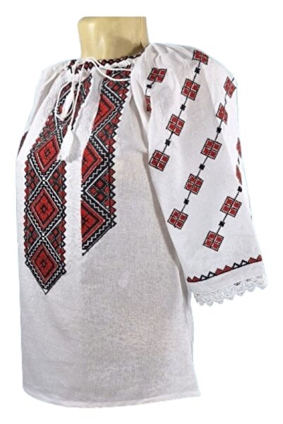 OEM Women's Blouse, Cotton, 3/4 Sleeve, Traditional Embroidery Red-Black, Size S