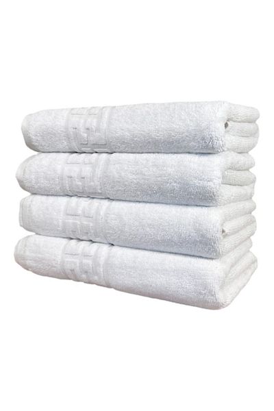 OEM Set of 4 Bath Towels, Cotton, Greek Border, 500g/m², 70x140cm, White
