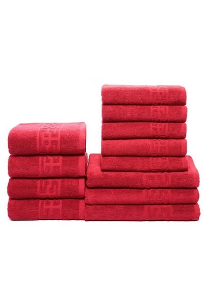 OEM Set 12 bath towels, Cotton, Greek Border, 500g/m², Red